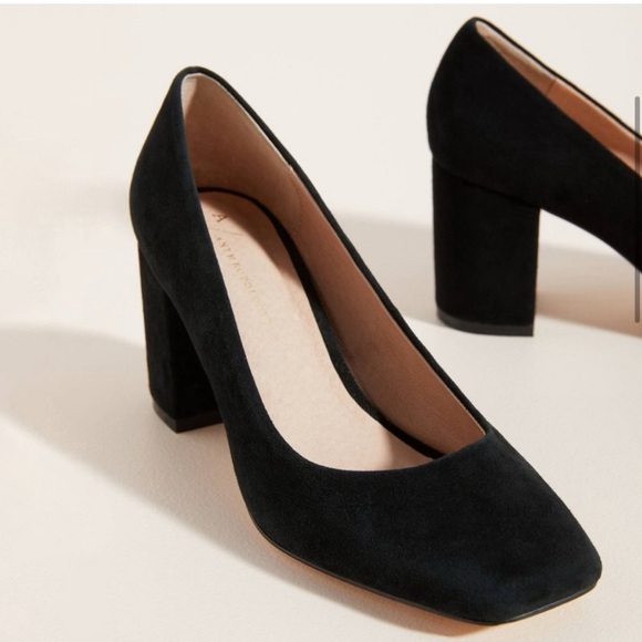 Anthropologie Eloise Square Toe Block Heel Pumps Black Suede SZ 8 Shoes Heels - Picture 2 of 16